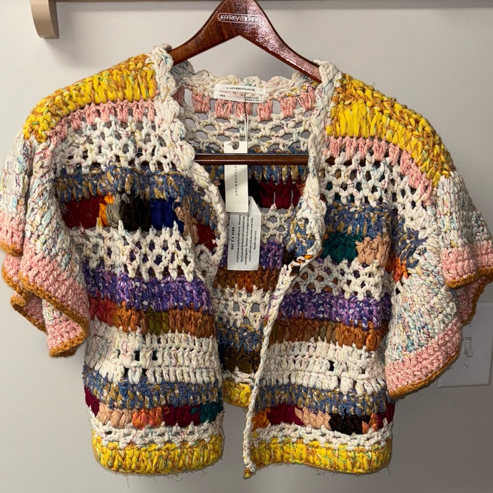 NWT Anthropologie silk rainbow Hand Knit Crochet Crop Cardigan shrug bohemian S